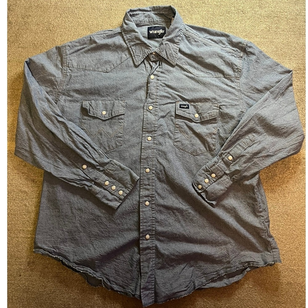 Wrangler Mens Blue Chambray Western Pearl Snap Long Sleeve Shirt XXL Cowboy